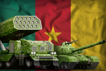 Cameroon heavy military armored vehicles concept on the national flag background. 3d Illustration
