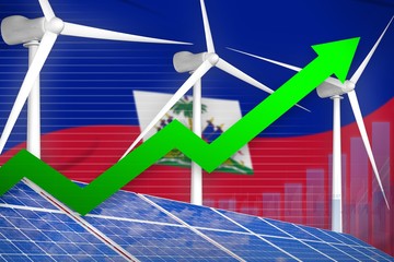 Haiti solar and wind energy rising chart, arrow up - modern natural energy industrial illustration. 3D Illustration