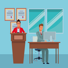 couple in a podium and office desk