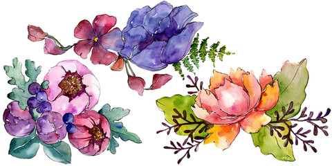 Blue purple bouquet floral botanical flowers. Watercolor background set. Isolated bouquets illustration element.