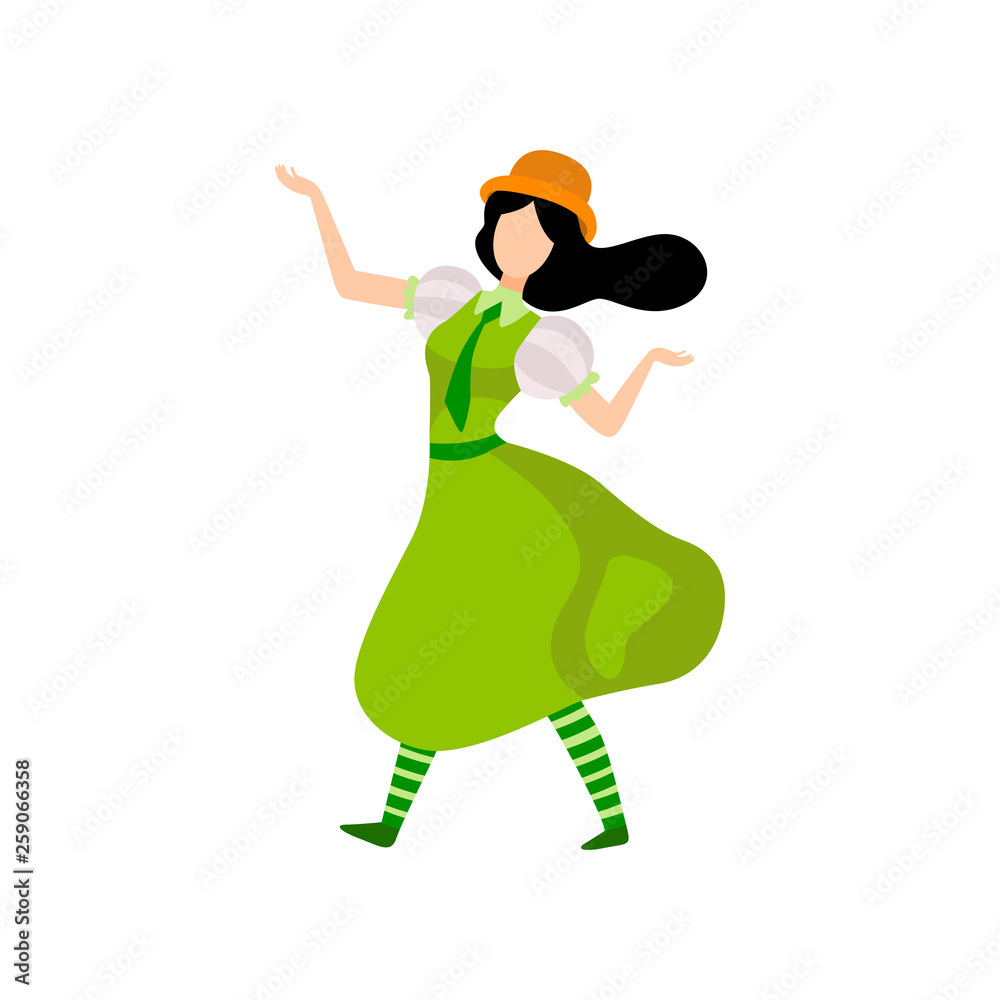 Wall mural Brunette Girl in Green Irish Traditional Costume Celebrating Saint Patrick Day Vector Illustration