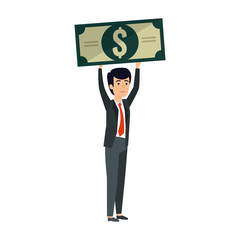 young businessman lifting bill dollar
