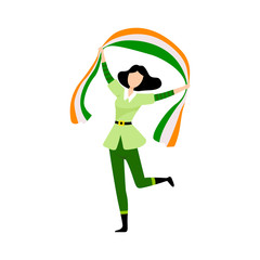 Brunette Girl in Green Costume Celebrating Saint Patrick Day with Irish Flag Vector Illustration
