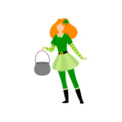 Girl with Red Hair Standing with Cauldron, Young Woman in Green Irish Costume Celebrating Saint Patrick Day Vector Illustration