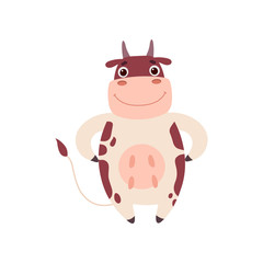 Cute Smiling Cow Standing on Two Legs, Funny Farm Animal Cartoon Character Vector Illustration