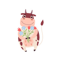 Cute Smiling Cow Standing on Two Legs with Bouquet of Flowers, Funny Farm Animal Cartoon Character Vector Illustration