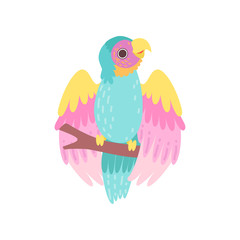 Tropical Parrot Bird with Iridescent Plumage Sitting on Perch Vector Illustration