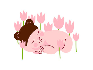 Newborn Baby in Bear Cap Sleeping in Spring Flowers Vector Illustration