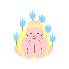 Newborn Baby Dressed as Princess Sleeping in Flowers Vector Illustration
