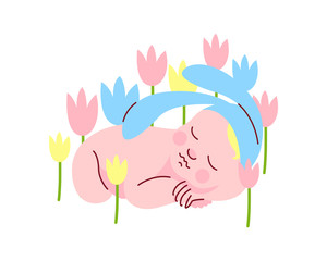 Adorable Newborn Baby in Bunny Cap Sleeping in Spring Flowers Vector Illustration