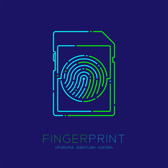 SD or memory card shape Fingerprint pattern logo dash line, Gadget concept design, Editable stroke illustration blue and green isolated on dark blue background with Fingerprint text and space, vector