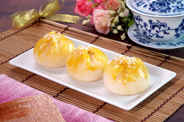 Creamy salted yolk custard cake, famous Chinese pastry.