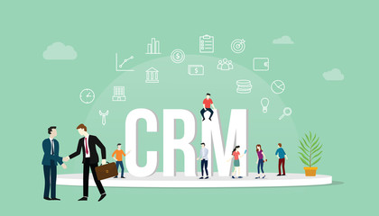 crm customer relationship management concept with people and business icon with big text - vector
