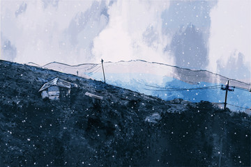 Digital painting of houses in dark tone
