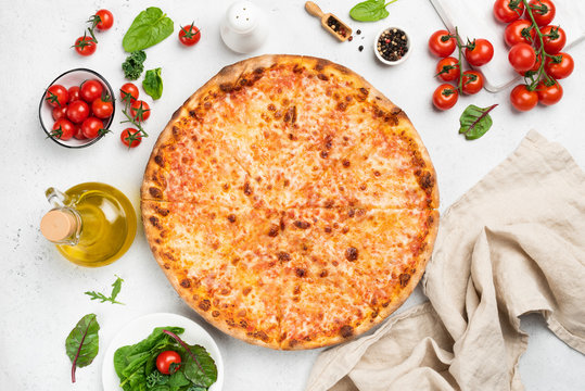 Tasty cheese pizza on white background top view, flat lay composition. Copy space for text