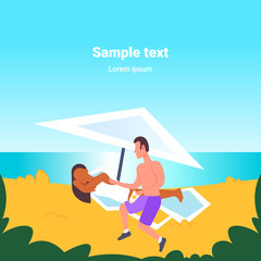 man applying suntan cream to his african american girlfriend sunbathing on beach sunbed sun protection cosmetic summer vacation concept mix race cartoon characters full length