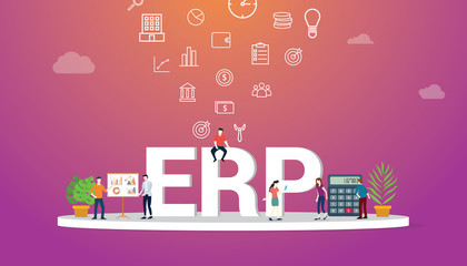 erp business concept with team people working together with big text and icon - vector