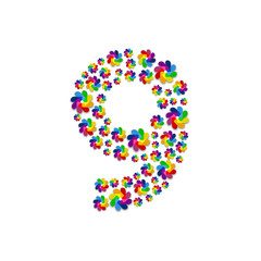 Alphabet set letter number nine or 9, Turbine paper pattern, Renewable wind power concept design illustration isolated on white background, vector eps 10