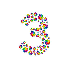 Alphabet set letter number three or 3, Turbine paper pattern, Renewable wind power concept design illustration isolated on white background, vector eps 10