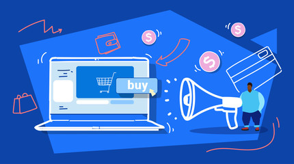 african man holding loudspeaker using online shopping computer application digital marketing concept laptop screen sketch doodle horizontal
