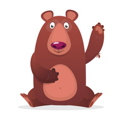 Cute cartoon bear. Vector illustration of a bear waving hand. Isolated on white