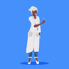 female scientist holding test tubes woman laboratory technician in white uniform african american medical worker professional occupation concept blue background flat full length