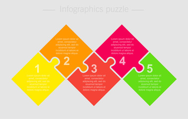 Vector jigsaw puzzle squares info graphic 5 steps.