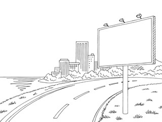 Road billboard graphic black white city landscape sketch illustration vector - obrazy, fototapety, plakaty
