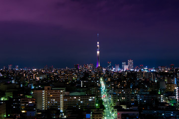 Fototapeta na wymiar Aerial photography night view of Tokyo Skytree . Tokyo, Japan
