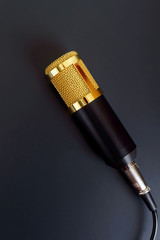 Beautiful golden microphone on a black background. The top view, flat lay.