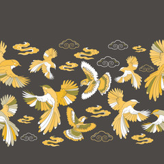 Illustration of birds, blue jay, falcons and clouds. Seamless repeat horizontal border pattern in yellow, green, cream, olive and grey.