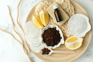 Ingredients for Homemade face and body organic all natural coffee scrub (peeling), spa wellness stylish background, copy space