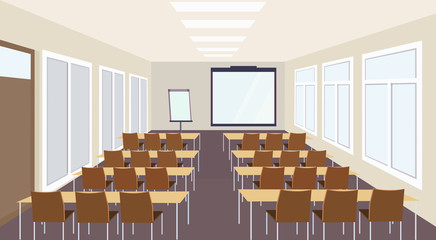 modern meeting conference presentation classroom interior with desks chairs and blank screen lecture seminar hall large sitting capacity empty no people horizontal
