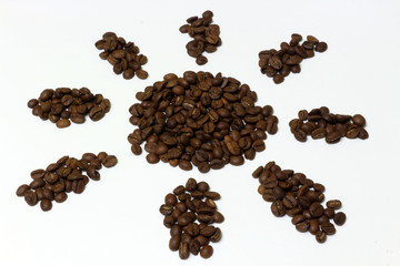 Roasted coffee beans isolated on white background.