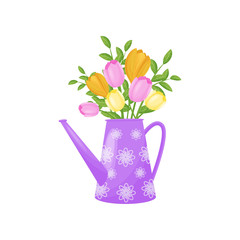 Colorful tulips bouquet in purple vase. Vector illustration.