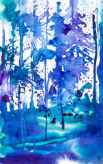 Abstract watercolor illustration of the blue forest surrounded by drops of ink blots