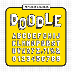 Doodle alphabet and number set. 3D Hand drawn cartoon font with striped shadow, for headline or title design of poster, layout, scrapbook or print. 