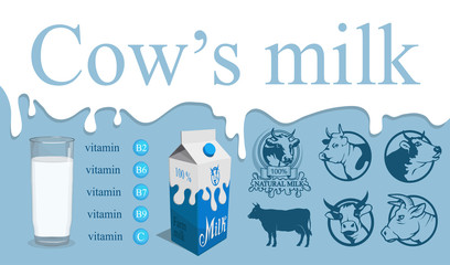 Set of cows milk and logo for milk or yogurt. Fresh milk and label. Vitamins contained in milk. Vector graphics to design