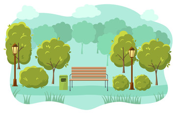 beautiful summer city park with green trees bench, lantern and walkway. Vector illustration.