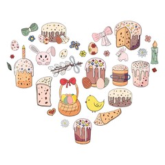 Happy Easter holiday. Easter cakes, willow twig, rabbit, chicken and flowers in heart shape