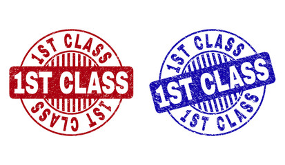 Grunge 1ST CLASS round stamp seals isolated on a white background. Round seals with grunge texture in red and blue colors. Vector rubber watermark of 1ST CLASS caption inside circle form with stripes.