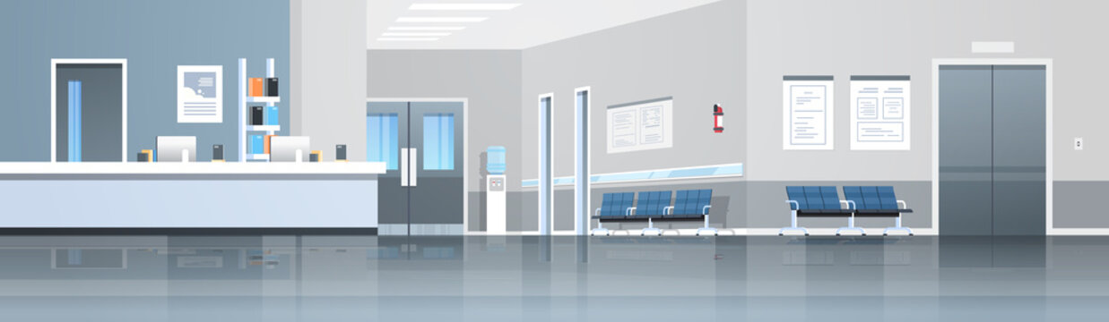 hospital reception waiting hall with counter seats doors and elevator empty no people medical clinic interior horizontal banner panorama flat