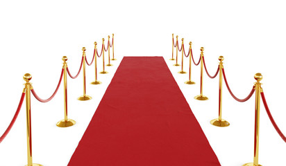 Red ceremonial carpet, golden barrier isolated on white background. Clipping path included. 