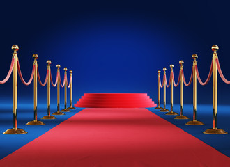 Golden barrier with podium isolated on blue background. Clipping path included. 
