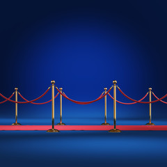 Golden barrier with red rope isolated on blue background. Clipping path included.
