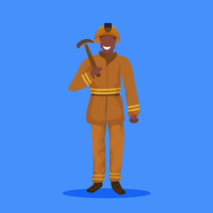 male miner holding pick axe happy man in orange uniform professional occupation concept coal industry worker full length flat blue background