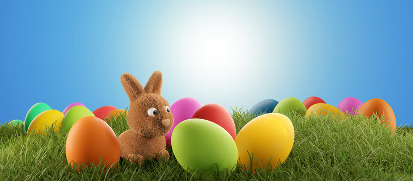cute Easter bunny and colorful Easter eggs 3d-illustration