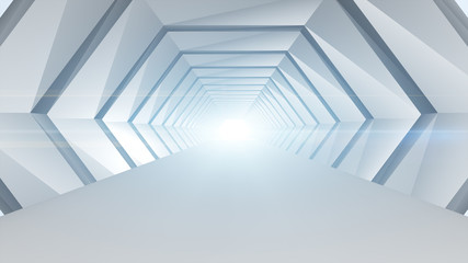 Futuristic tunnel abstract geometric background and light beam flicker. Interior design architecture concept.