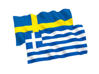 National fabric flags of Sweden and Greece isolated on white background. 3d rendering illustration. 1 to 2 proportion.
