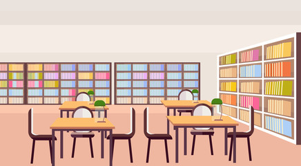 modern library study area bookshelves with books empty no people reading room interior workplace desks education knowledge concept flat horizontal